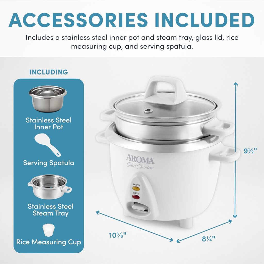 Aroma Housewares 6-Cup (Cooked yield ) / 1.2Qt. Select Stainless Pot-Style Rice Cooker,  Food Steamer, One-Touch Operation, White