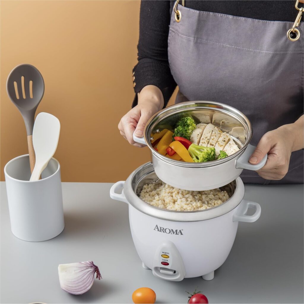 Aroma Housewares 6-Cup (Cooked yield ) / 1.2Qt. Select Stainless Pot-Style Rice Cooker,  Food Steamer, One-Touch Operation, White