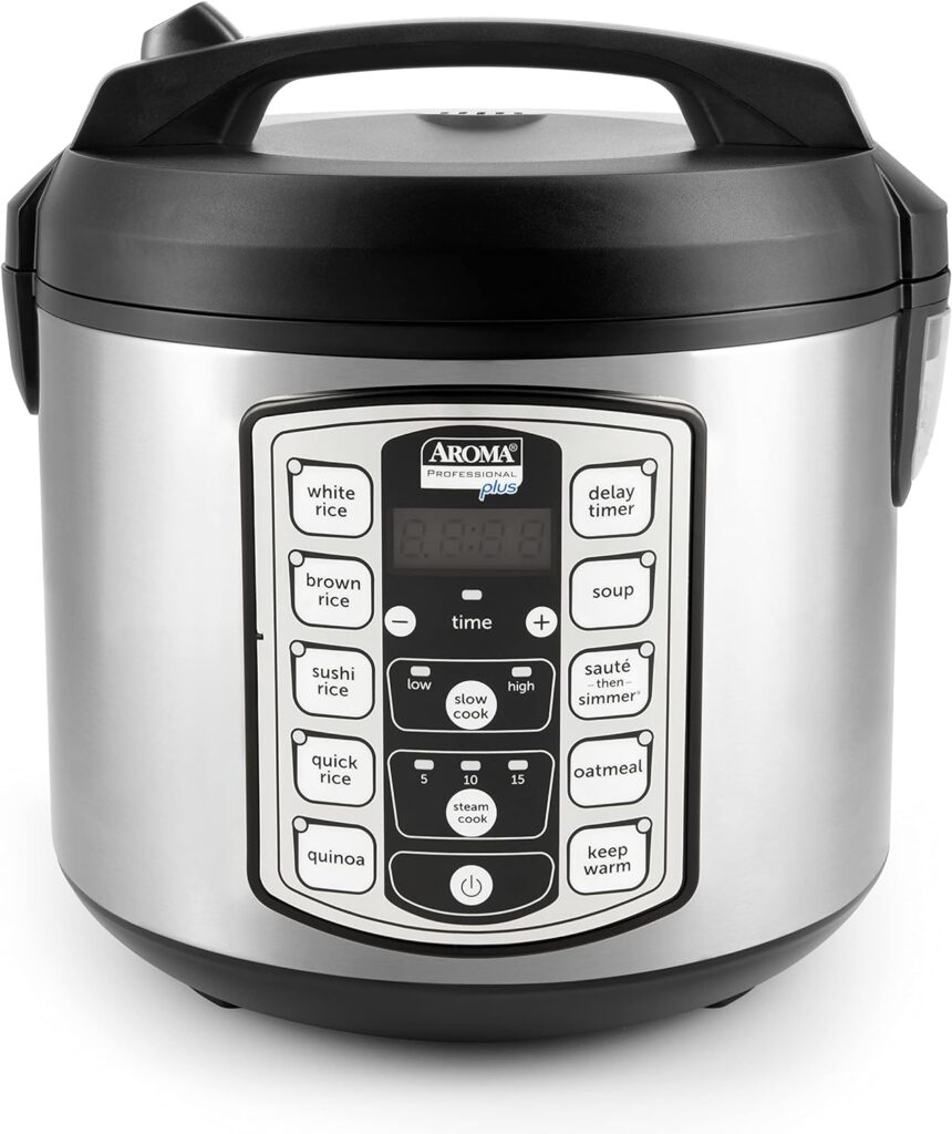 Aroma Housewares ARC-5000SB Digital Rice, Food Steamer, Slow, Grain Cooker, Stainless Exterior/Nonstick Pot, 10-cup uncooked/20-cup cooked/4QT, Silver, Black