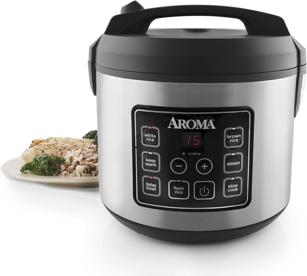 Aroma Housewares ARC-5000SB Digital Rice, Food Steamer, Slow, Grain Cooker, Stainless Exterior/Nonstick Pot, 10-cup uncooked/20-cup cooked/4QT, Silver, Black