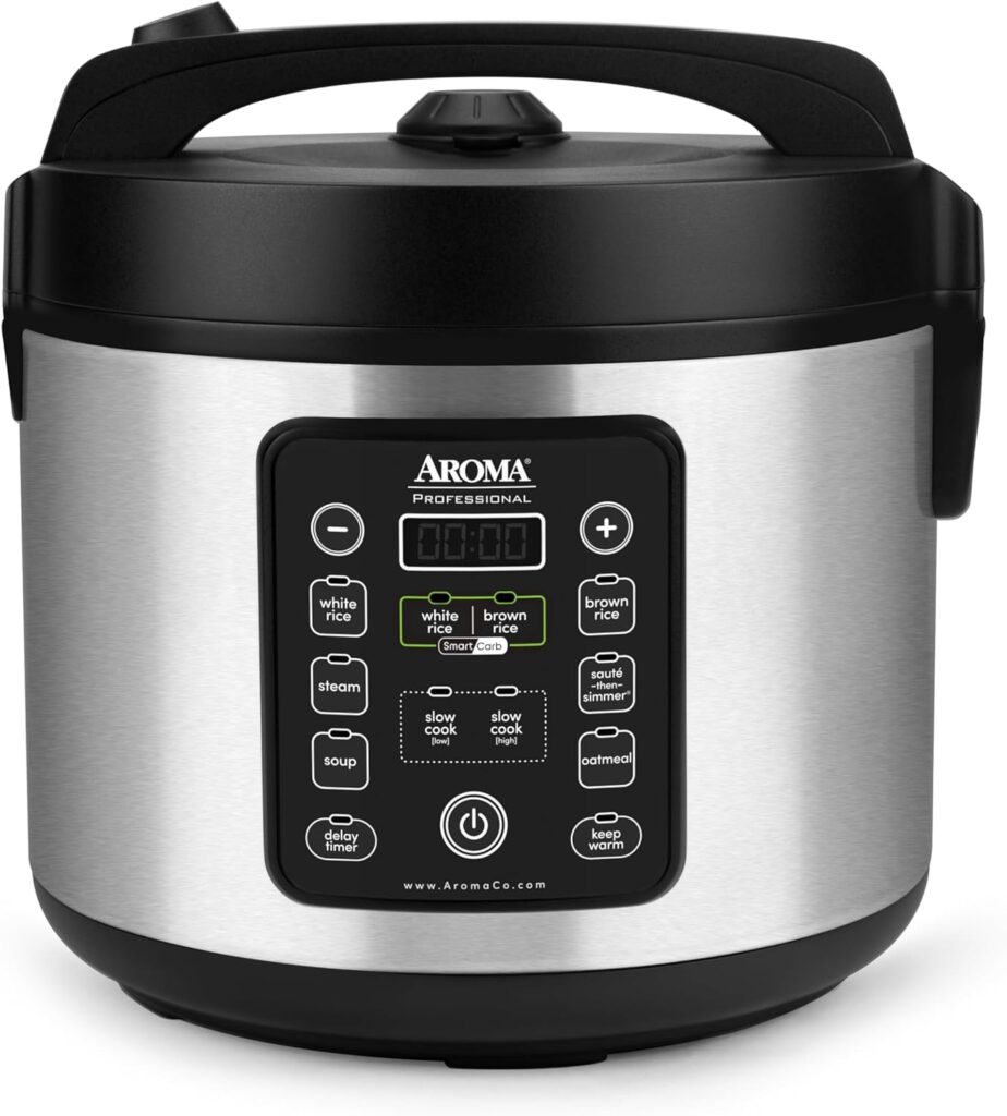 Aroma Housewares ARC-5000SB Digital Rice, Food Steamer, Slow, Grain Cooker, Stainless Exterior/Nonstick Pot, 10-cup uncooked/20-cup cooked/4QT, Silver, Black