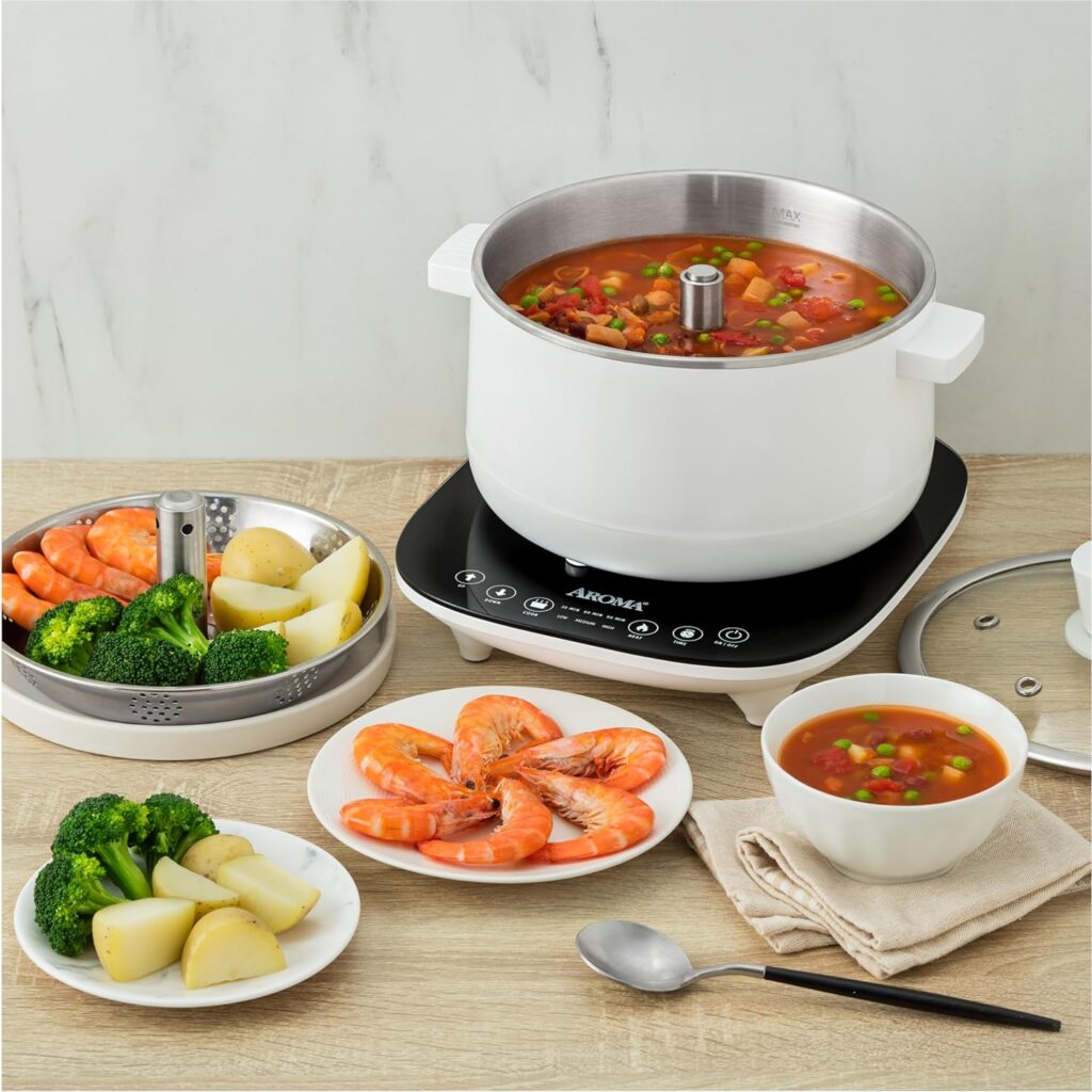 Aroma Housewares ASP-610 Dual-Sided Shabu Hot Pot, 5Qt, Stainless Steel Aroma Housewares 3 Uncooked/6 Cups Cooked Rice Cooker, Steamer, Multicooker, 2-6 cups, Black