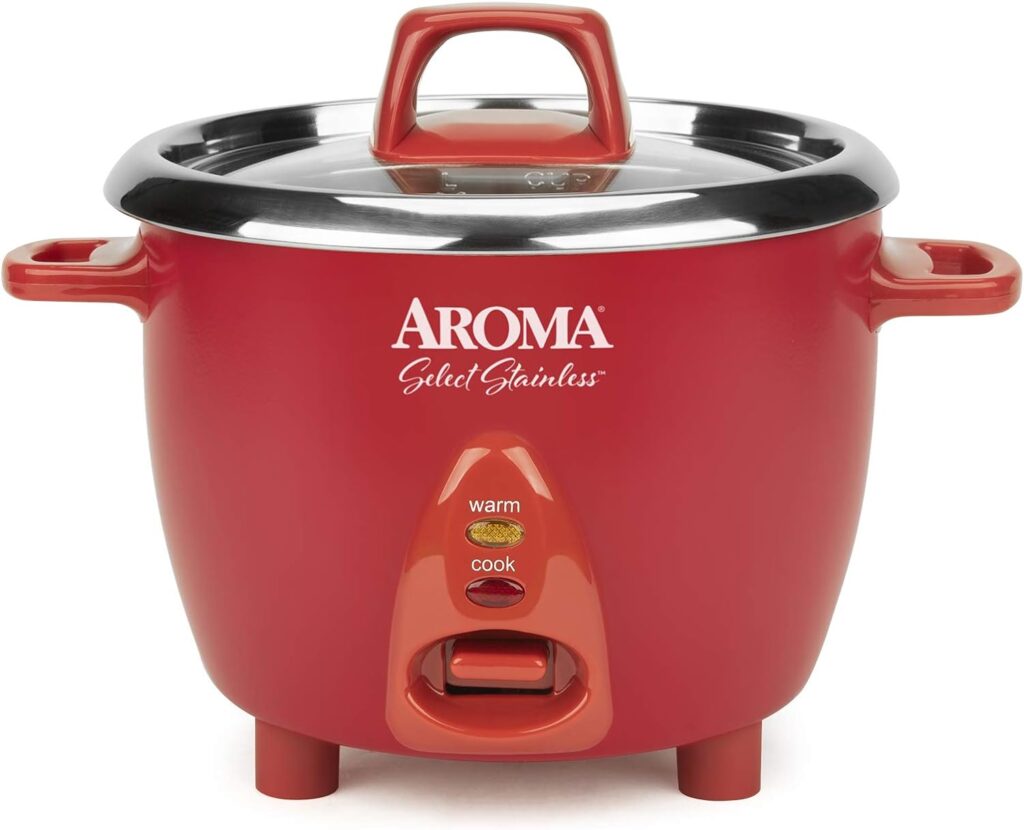 Aroma Housewares Select Stainless Rice Cooker  Warmer with Uncoated Inner Pot, 6-Cup(cooked)/ 1.2Qt, ARC-753SGR, Red