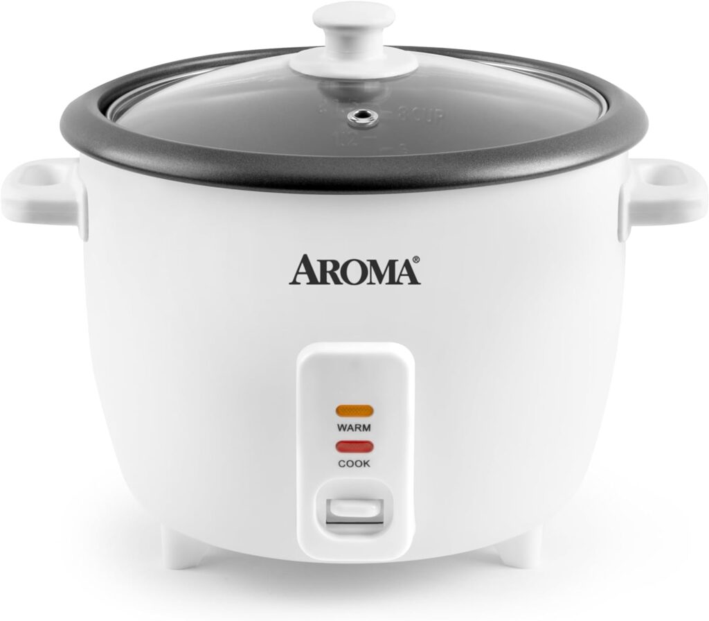 AROMA® Rice Cooker, 8-Cup (Uncooked) / 16-Cup (Cooked), Pot-Style Rice Cooker and Soup Warmer with One-Touch Control, 4 Qt, White, ARC-368NG