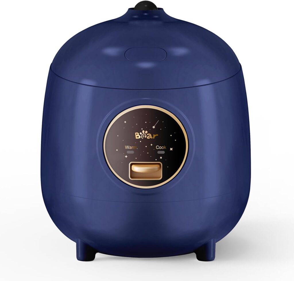 Bear Mini Rice Cooker 2 Cups Uncooked, 1.2L Portable Non-Stick Small Travel Rice Cooker, BPA Free, One Button to Cook and Keep Warm Function (Navy Blue)