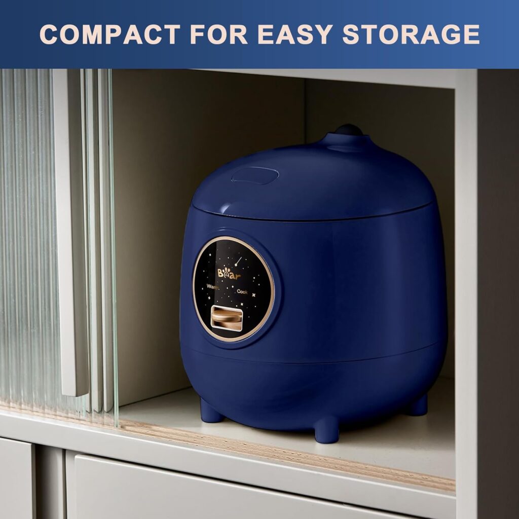 Bear Mini Rice Cooker 2 Cups Uncooked, 1.2L Portable Non-Stick Small Travel Rice Cooker, BPA Free, One Button to Cook and Keep Warm Function (Navy Blue)