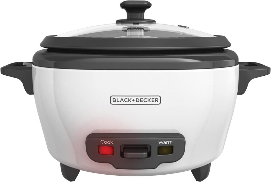 BLACK+DECKER Rice Cooker 6-Cup (Cooked) with Steaming Basket, Removable Non-Stick Bowl, White