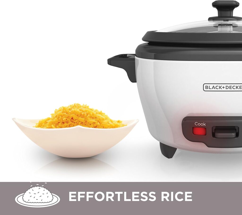 BLACK+DECKER Rice Cooker 6-Cup (Cooked) with Steaming Basket, Removable Non-Stick Bowl, White