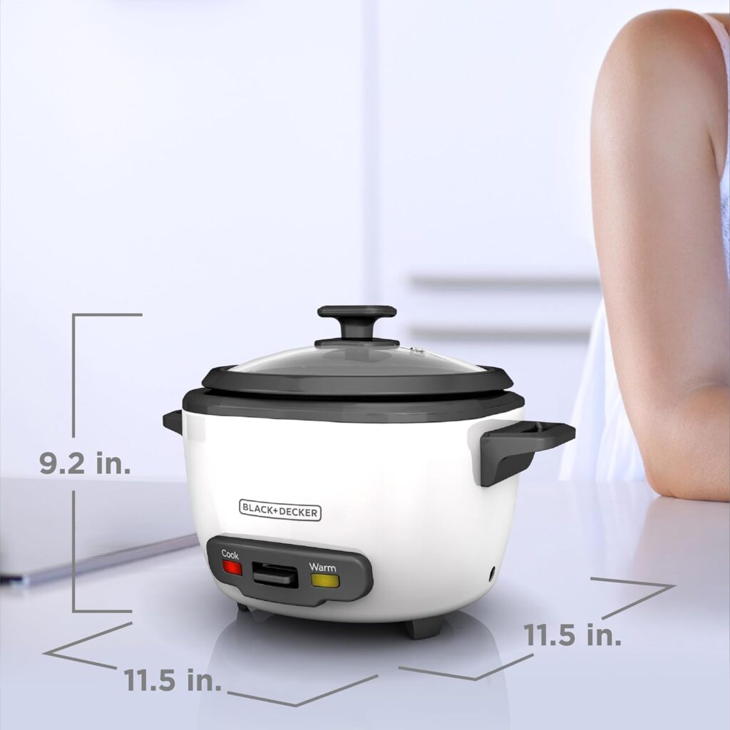 BLACK+DECKER Rice Cooker 6-Cup (Cooked) with Steaming Basket, Removable Non-Stick Bowl, White