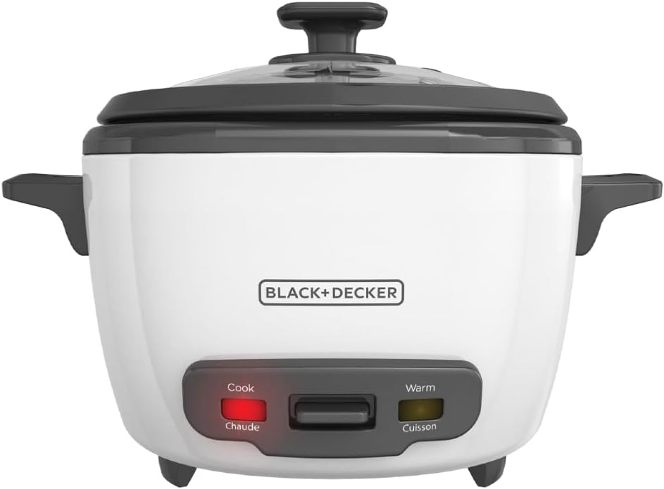 BLACK+DECKER Rice Cooker 6-Cup (Cooked) with Steaming Basket, Removable Non-Stick Bowl, White