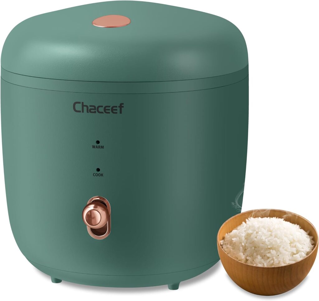 CHACEEF Mini Rice Cooker 2-Cups Uncooked, 1.2L Small Rice Cooker with Non-stick Pot, Mini Rice Maker with One Touch  Keep Warm Function, Food Steamer, Green