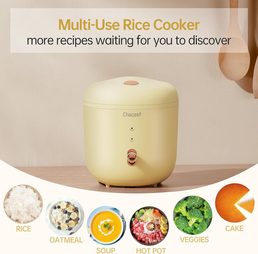 CHACEEF Mini Rice Cooker 2-Cups Uncooked, 1.2L Small Rice Cooker with Non-stick Pot, Mini Rice Maker with One Touch  Keep Warm Function, Food Steamer, Green