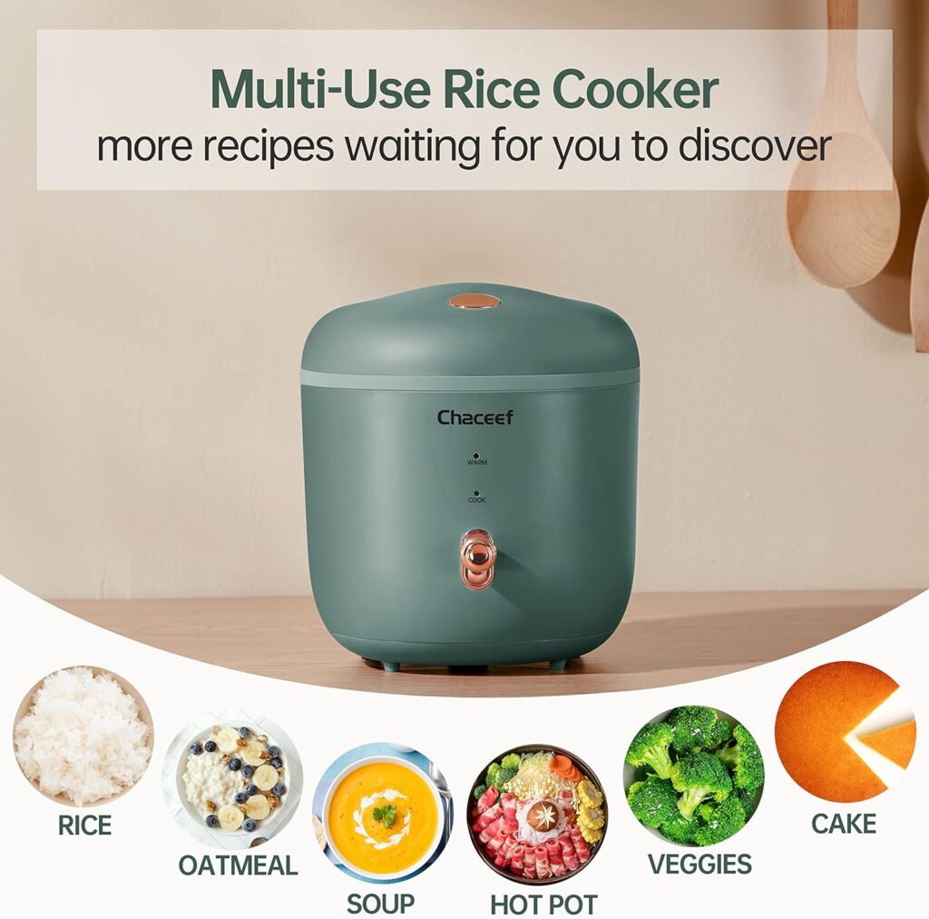 CHACEEF Mini Rice Cooker 2-Cups Uncooked, 1.2L Small Rice Cooker with Non-stick Pot, Mini Rice Maker with One Touch  Keep Warm Function, Food Steamer, Green