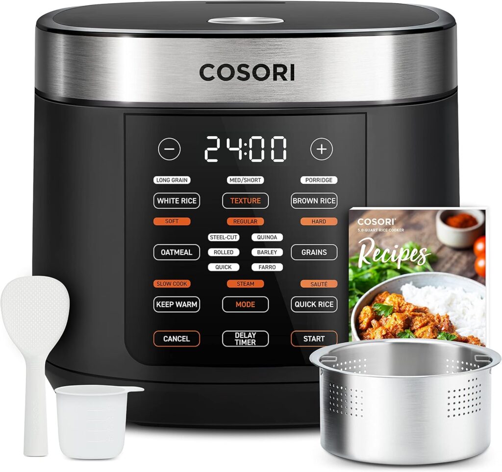 COSORI 18-Function Rice Cooker with Stainless Steel Steamer, Warmer, Sauté - 1000W, 10 Cup Uncooked, Japanese Fuzzy Logic Technology