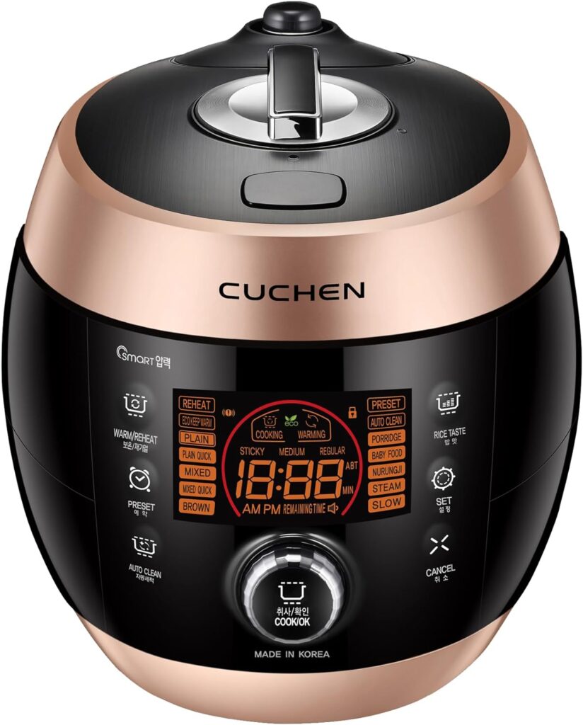 Cuchen CJS-FD0600RVUS Heating Pressure 6 Cup Rice Cooker and Warmer, Smart Jog Dial, Auto Steam Clean, Voice Guide, Made in Korea, Black/Rose gold