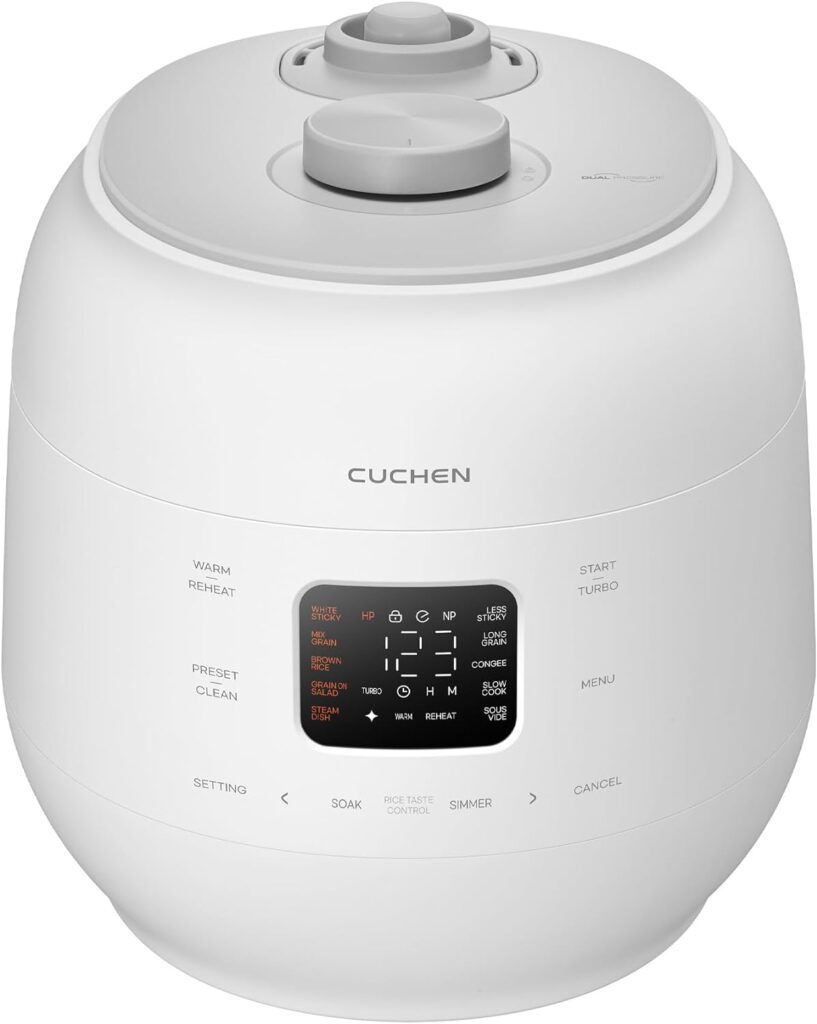 Cuchen CRS-FWK0640WUS Dual Pressure Rice Cooker 6 Cup and Warmer, High/Non-Pressure, Triple Power Packing, Easy Open Handle, Detachable Stainless Cover, Auto Steam Clean, White