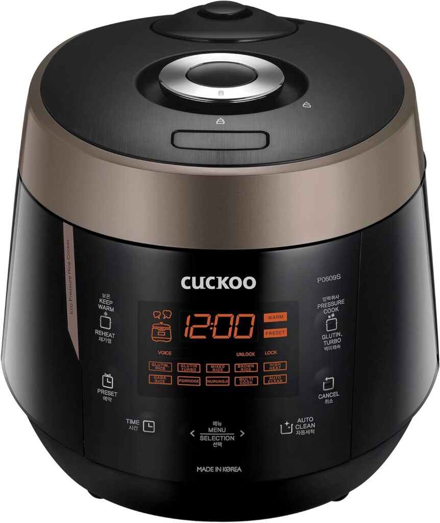 CUCKOO CRP-P0609S | 6-Cup (Uncooked) Pressure Rice Cooker | 12 Menu Options: Quinoa, Nu Rung Ji, GABA/Brown Rice  More, Made in Korea | Black/Copper