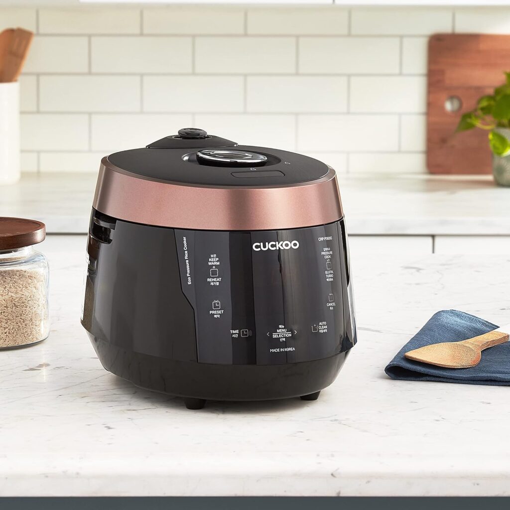 CUCKOO CRP-P0609S | 6-Cup (Uncooked) Pressure Rice Cooker | 12 Menu Options: Quinoa, Nu Rung Ji, GABA/Brown Rice  More, Made in Korea | Black/Copper