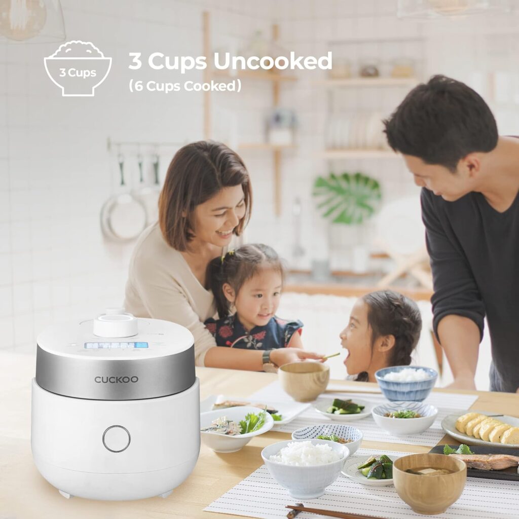 CUCKOO IH Twin Pressure Small Rice Cooker 15 Menu Options: White, GABA, Scorched, Porridge,  More, User-Friendly LED Display, Fuzzy Logic Tech, 3 Cup / .75 Qt. (Uncooked) CRP-MHTR0309F White, Stainless Steel Feature