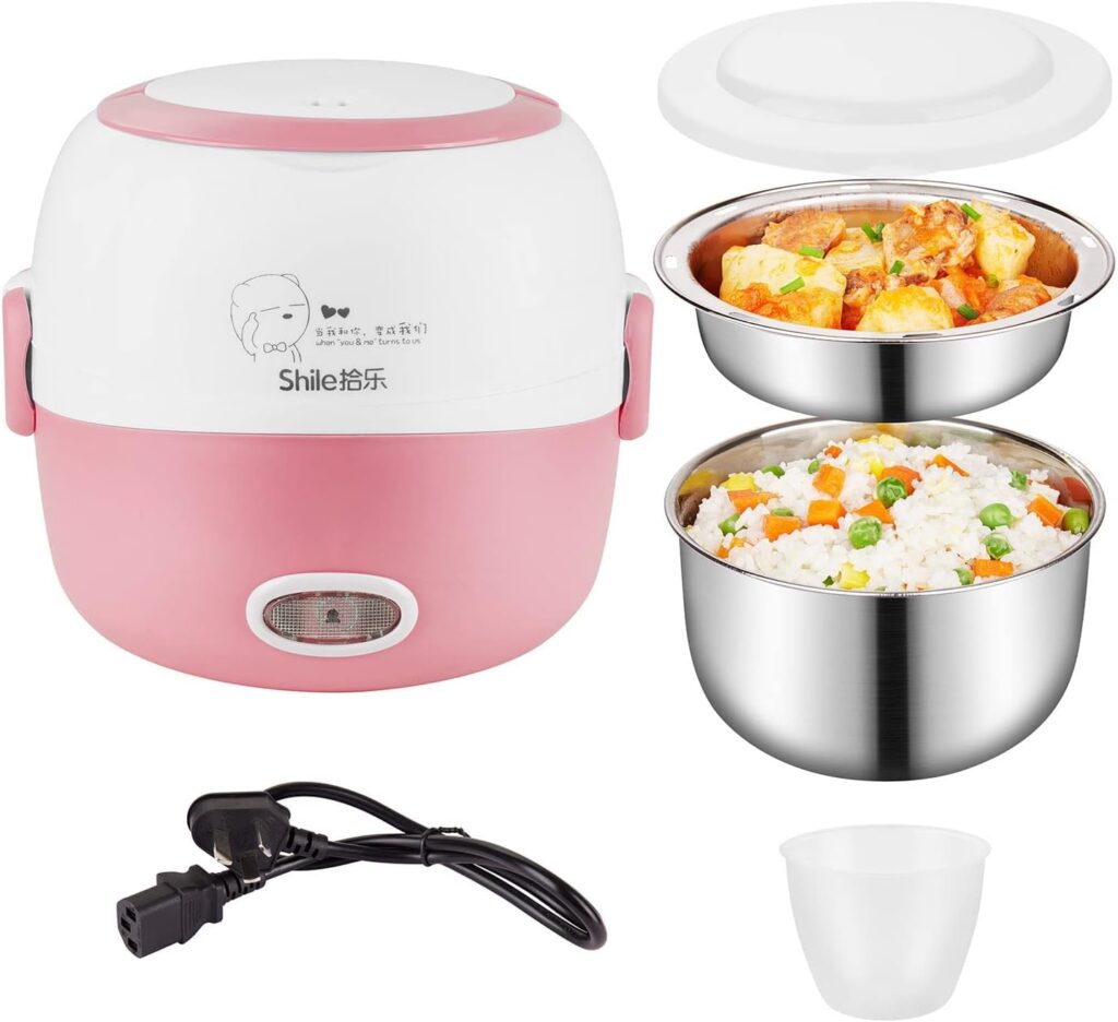 Mini Rice Cooker Heater Portable - 110V 200W Removable Stainless Steel Lunch Cooker - with Bowl, Plate, Measuring Cup (Pink)