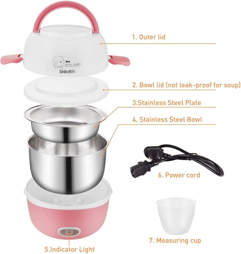 Mini Rice Cooker Heater Portable - 110V 200W Removable Stainless Steel Lunch Cooker - with Bowl, Plate, Measuring Cup (Pink)