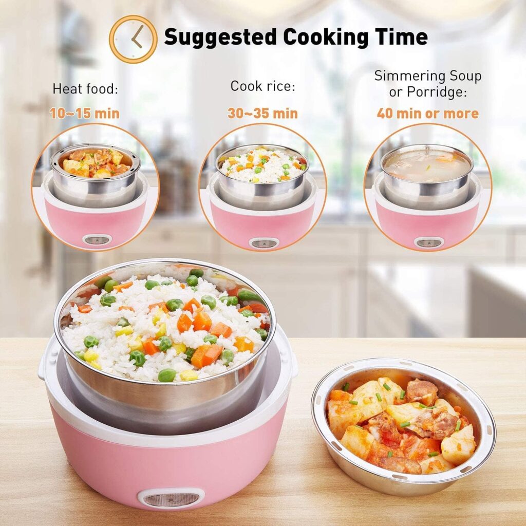 Mini Rice Cooker Heater Portable - 110V 200W Removable Stainless Steel Lunch Cooker - with Bowl, Plate, Measuring Cup (Pink)