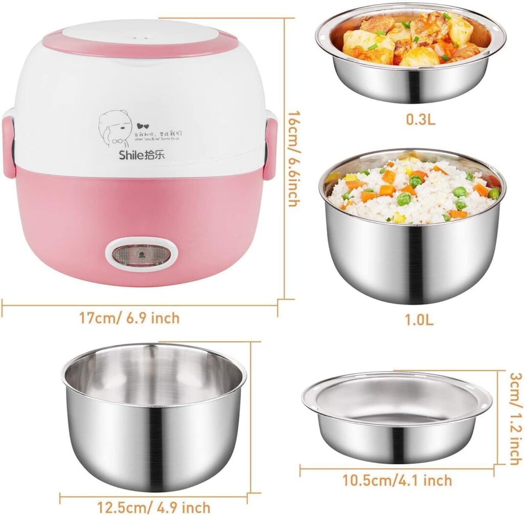 Mini Rice Cooker Heater Portable - 110V 200W Removable Stainless Steel Lunch Cooker - with Bowl, Plate, Measuring Cup (Pink)