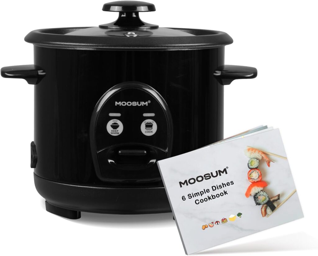 MOOSUM Electric Rice Cooker with One Touch for Asian Japanese Sushi Rice, 3-cup Uncooked/6-cup Cooked, FastConvenient Cooker with Ceramic Nonstick inner pot, Stainless Steel Housing and Auto Warmer