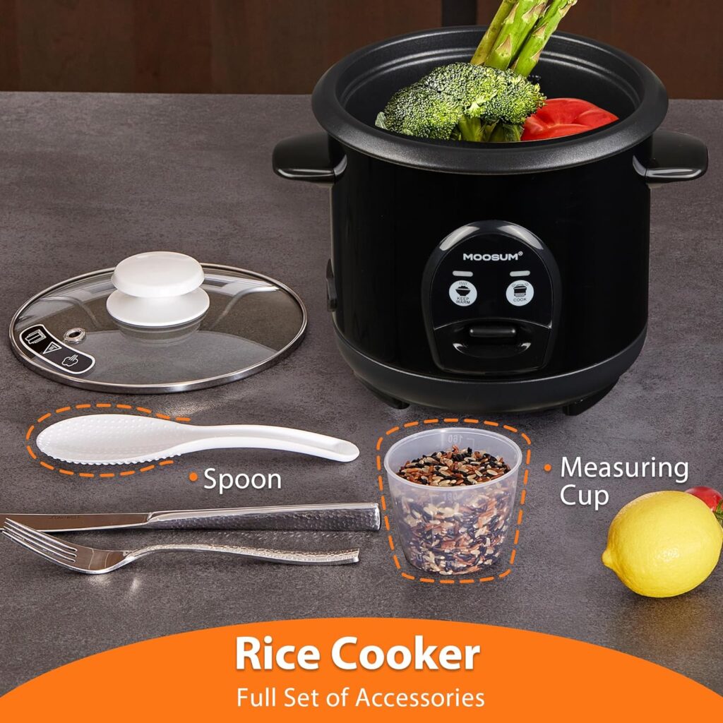 MOOSUM Electric Rice Cooker with One Touch for Asian Japanese Sushi Rice, 3-cup Uncooked/6-cup Cooked, FastConvenient Cooker with Ceramic Nonstick inner pot, Stainless Steel Housing and Auto Warmer