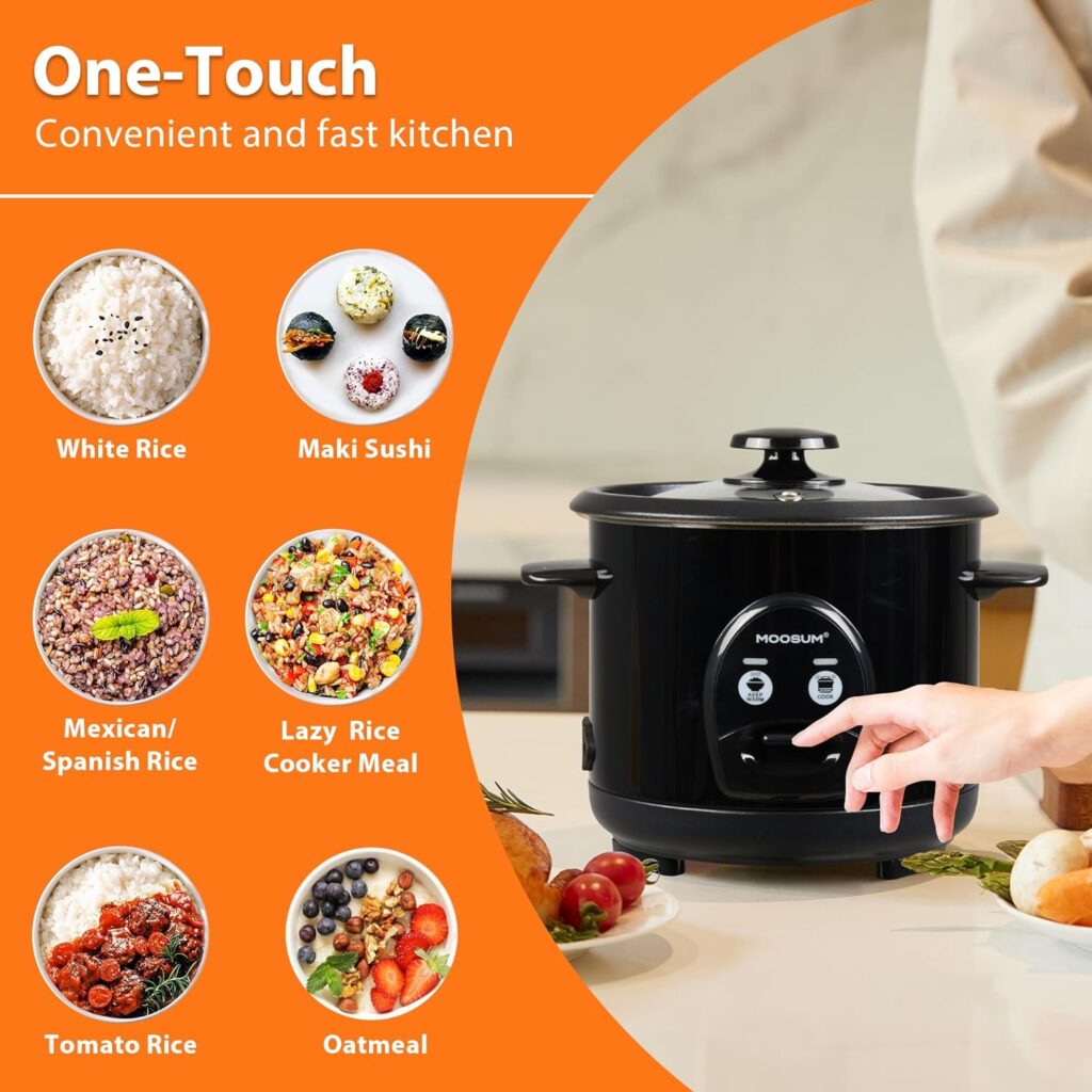 MOOSUM Electric Rice Cooker with One Touch for Asian Japanese Sushi Rice, 3-cup Uncooked/6-cup Cooked, FastConvenient Cooker with Ceramic Nonstick inner pot, Stainless Steel Housing and Auto Warmer