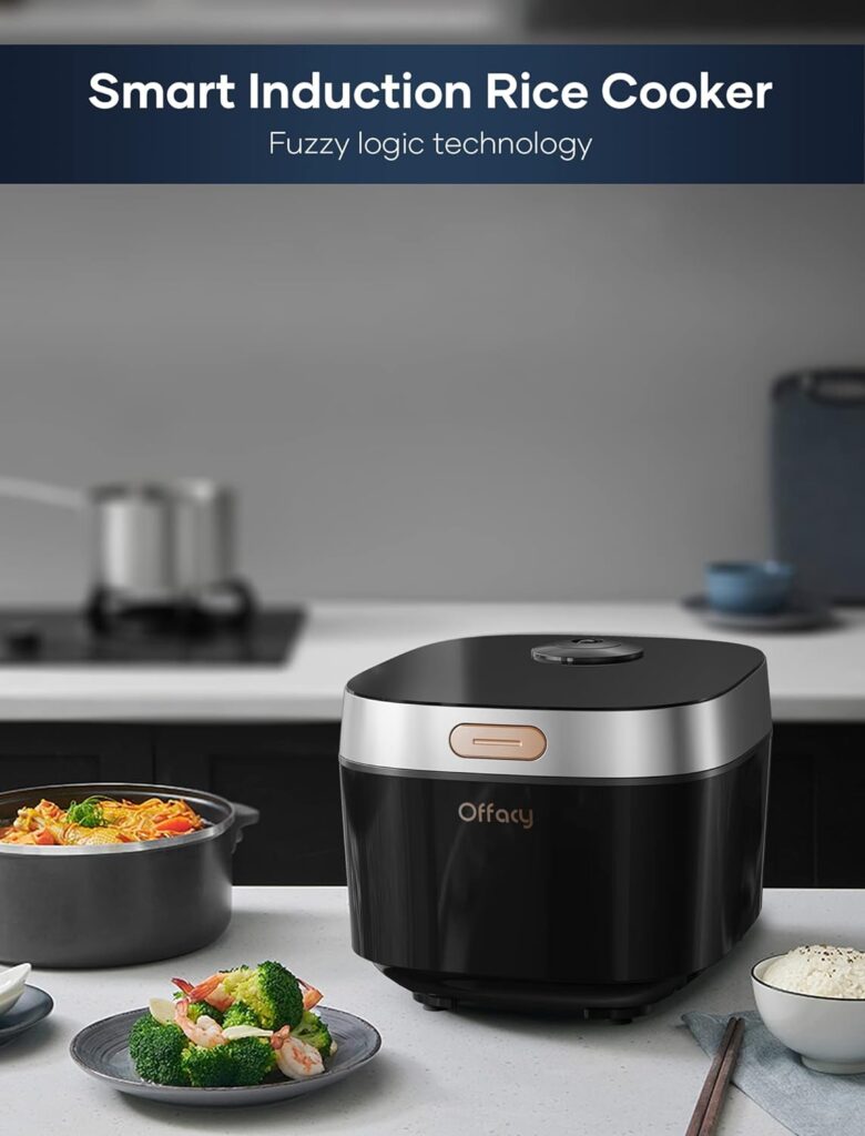 Offacy Rice Cooker Maker 8 Cup Uncooked 8 Preset Programs, Smart Fuzzy Logic, Large Stainless Steel Steamer, Friendly Touch Panel and LED HD Display, Auto Keep Warm, Quick Cook, Black