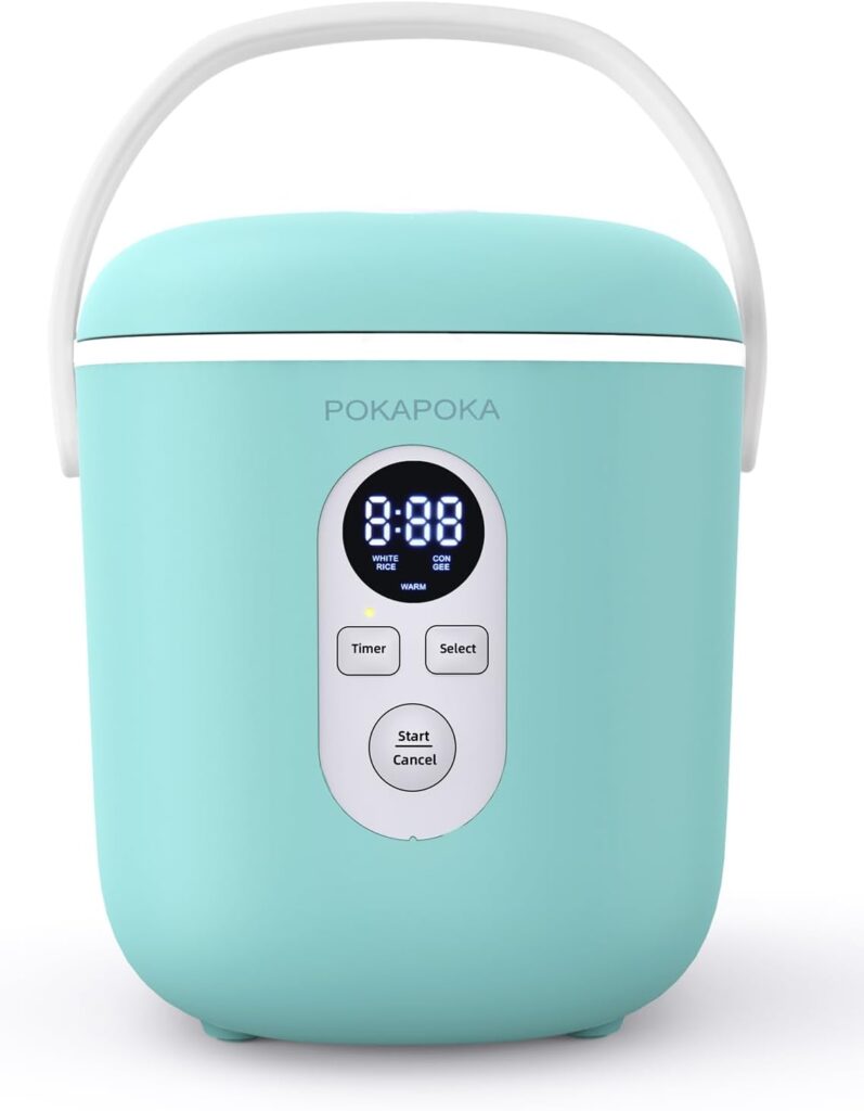 POKAPOKA Mini Rice Cooker 2 Cups Uncooked, Small Rice Cooker with Portable Handle, 24-H Timer Delay, Non-stick Travel Rice Cooker for White Rice, Oatmeal, Soup, 1.2L, Aqua