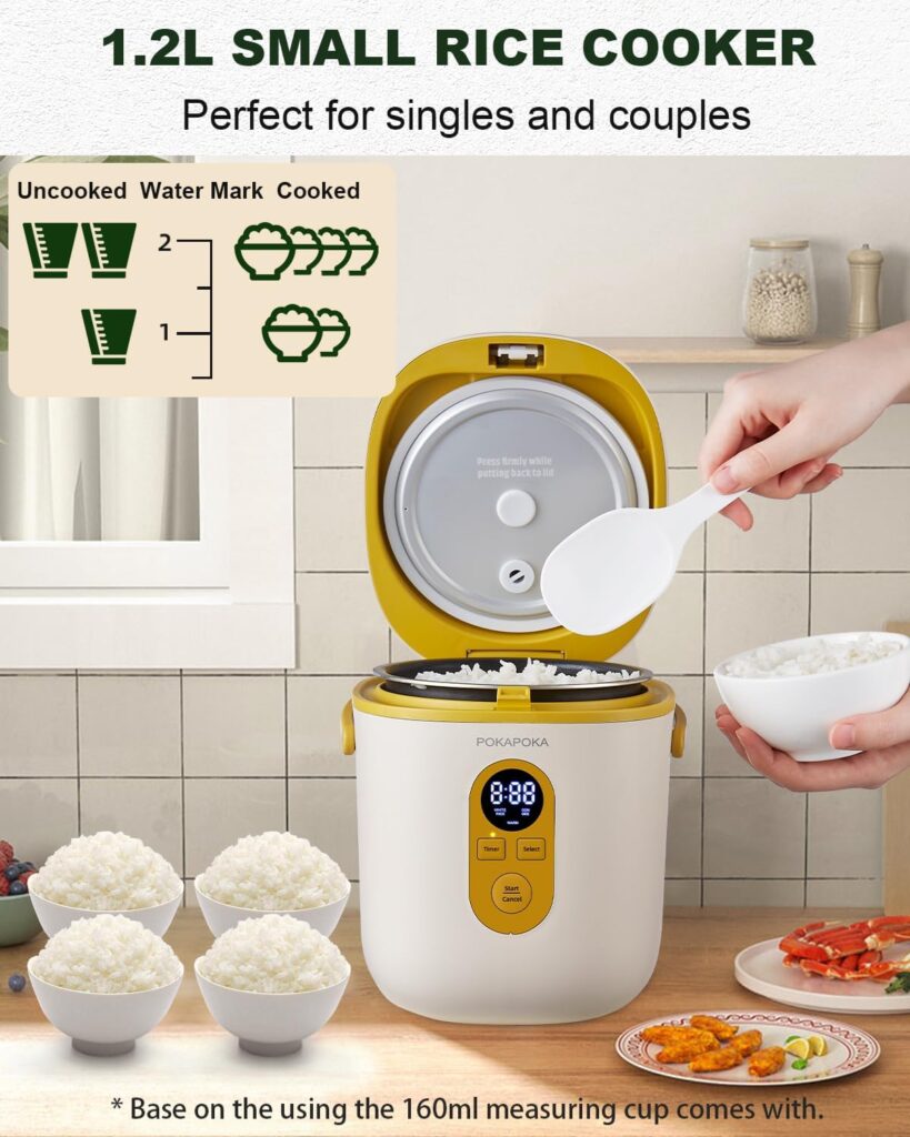 POKAPOKA Mini Rice Cooker 2 Cups Uncooked, Small Rice Cooker with Portable Handle, 24-H Timer Delay, Non-stick Travel Rice Cooker for White Rice, Oatmeal, Soup, 1.2L, Aqua