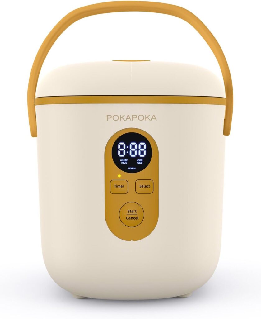 POKAPOKA Mini Rice Cooker 2 Cups Uncooked, Small Rice Cooker with Portable Handle, 24-H Timer Delay, Non-stick Travel Rice Cooker for White Rice, Oatmeal, Soup, 1.2L, Aqua