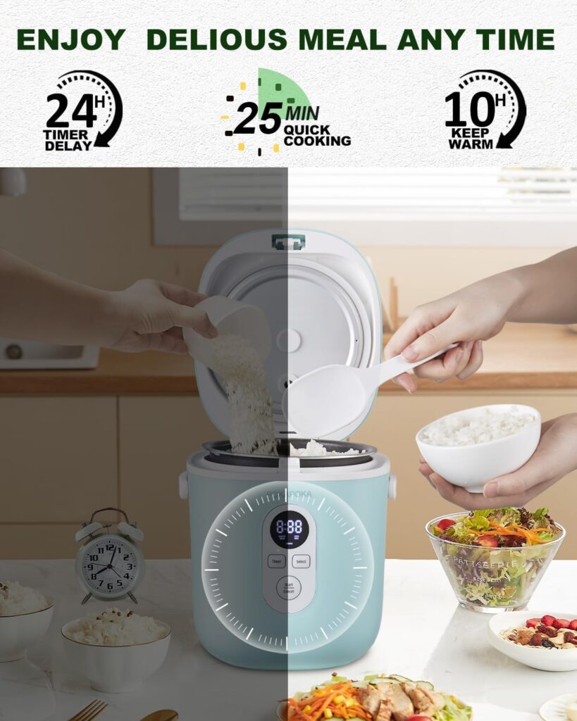 POKAPOKA Mini Rice Cooker 2 Cups Uncooked, Small Rice Cooker with Portable Handle, 24-H Timer Delay, Non-stick Travel Rice Cooker for White Rice, Oatmeal, Soup, 1.2L, Aqua