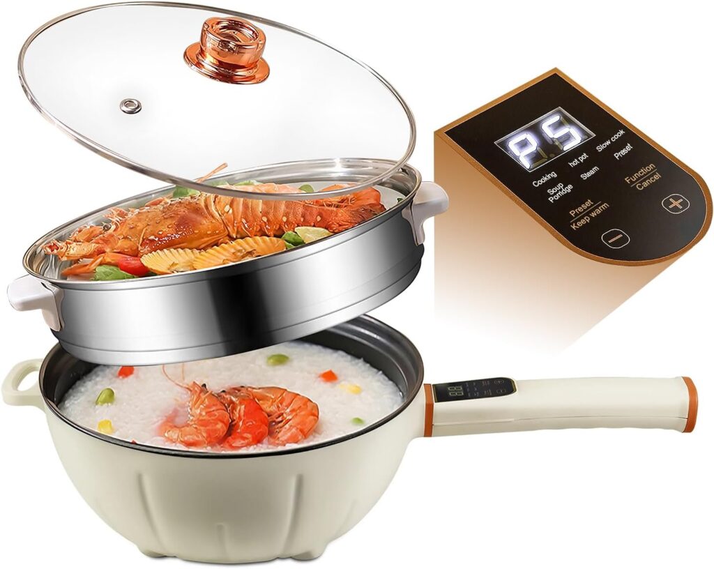 Smart Mini Hot Pot w. Timer 3 Power Level 5 Modes Stainless Steel Steamer Basket 1.7L Non-Stick Rapid Noodle Cooker 600W Quick Cook 300W Low Heat 15W Keep Warm for 6H Non-Stick Pan for Rice Soup Pasta, Green