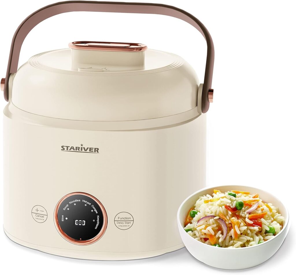 Stariver Small Rice Cooker, 2 Cups Uncooked Mini Portable Rice Cooker with Handle, Non-Stick Ramen Cooker, PFOA-Free, Rice Maker with Keep Warm  Delay Start Function, Electric Pot