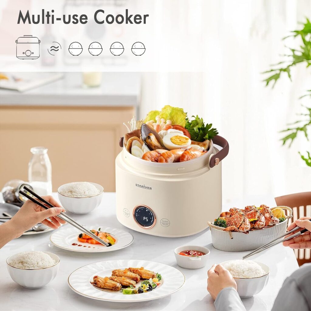 Stariver Small Rice Cooker, 2 Cups Uncooked Mini Portable Rice Cooker with Handle, Non-Stick Ramen Cooker, PFOA-Free, Rice Maker with Keep Warm  Delay Start Function, Electric Pot