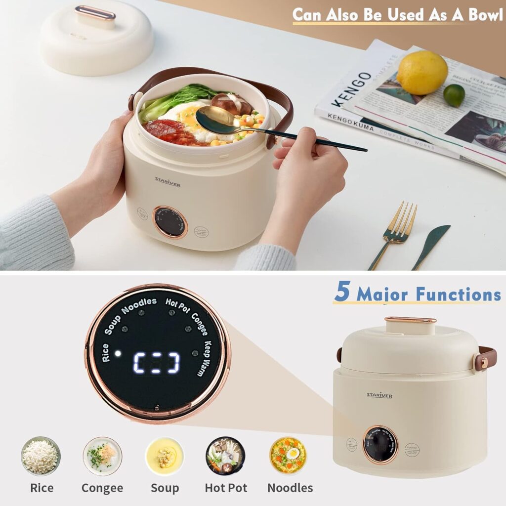 Stariver Small Rice Cooker, 2 Cups Uncooked Mini Portable Rice Cooker with Handle, Non-Stick Ramen Cooker, PFOA-Free, Rice Maker with Keep Warm  Delay Start Function, Electric Pot