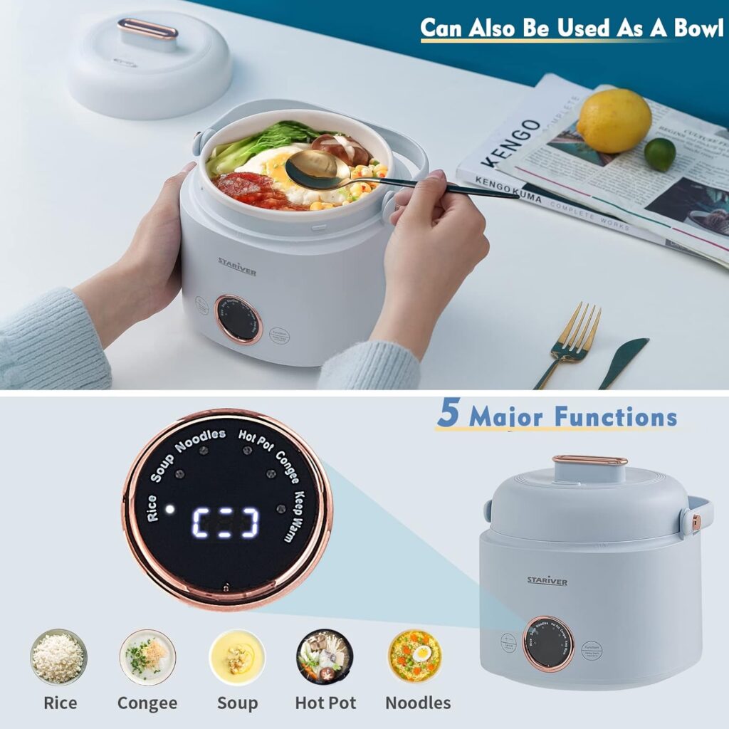 Stariver Small Rice Cooker, 2 Cups Uncooked Mini Portable Rice Cooker with Handle, Non-Stick Ramen Cooker, PFOA-Free, Rice Maker with Keep Warm  Delay Start Function, Electric Pot