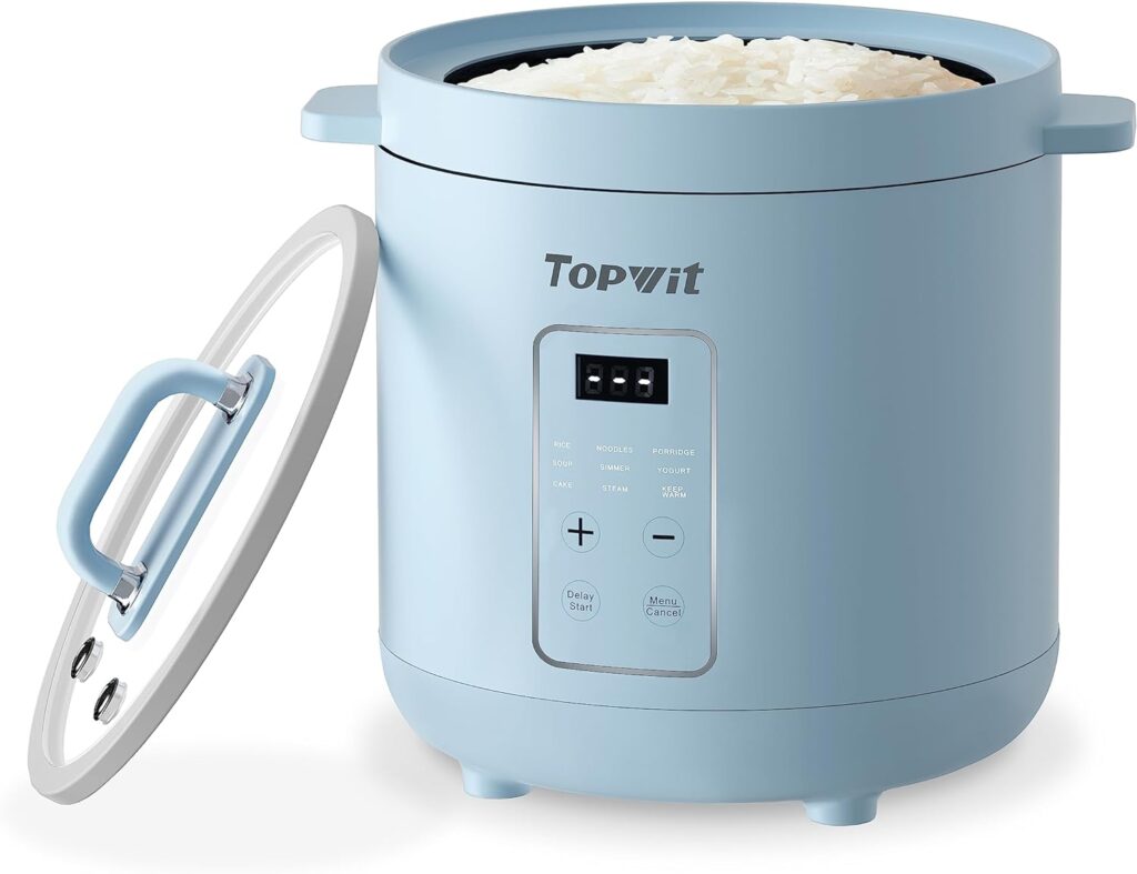 Topwit Mini Rice Cooker, 2 Cups Uncooked Rice Cooker Small with Glass Cover, 1.2L Portable Non-Stick Small Rice Cooker, Smart Control Rice Maker with 24H Delay Start  Keep Warm, Blue