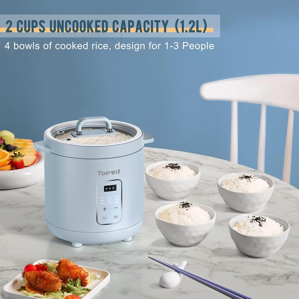 Topwit Mini Rice Cooker, 2 Cups Uncooked Rice Cooker Small with Glass Cover, 1.2L Portable Non-Stick Small Rice Cooker, Smart Control Rice Maker with 24H Delay Start  Keep Warm, Blue