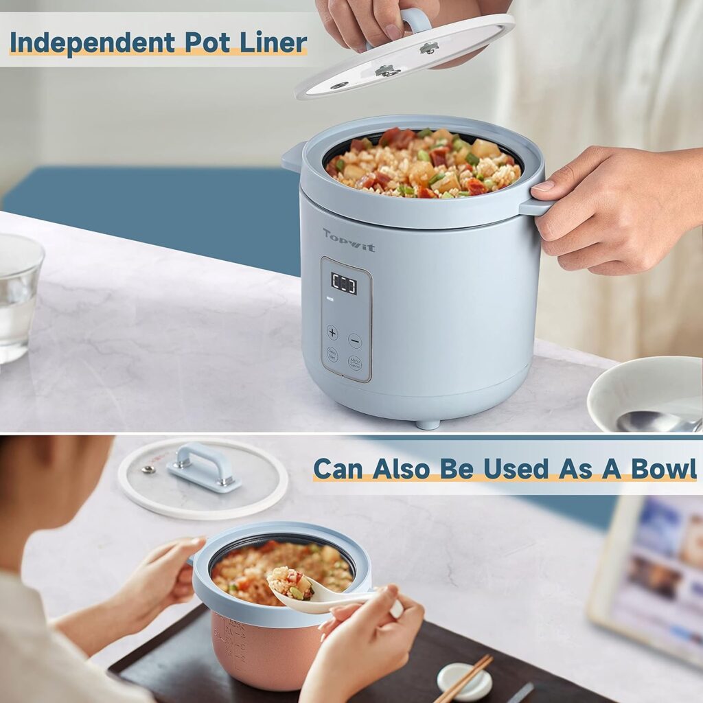 Topwit Mini Rice Cooker, 2 Cups Uncooked Rice Cooker Small with Glass Cover, 1.2L Portable Non-Stick Small Rice Cooker, Smart Control Rice Maker with 24H Delay Start  Keep Warm, Blue