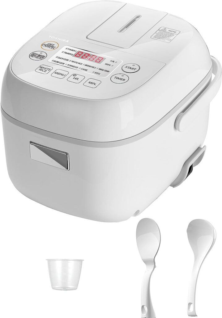 Toshiba Rice Cooker Small 3 Cup Uncooked – LCD Display with 8 Cooking Functions, Fuzzy Logic Technology, 24-Hr Delay Timer and Auto Keep Warm, Non-Stick Inner Pot, White