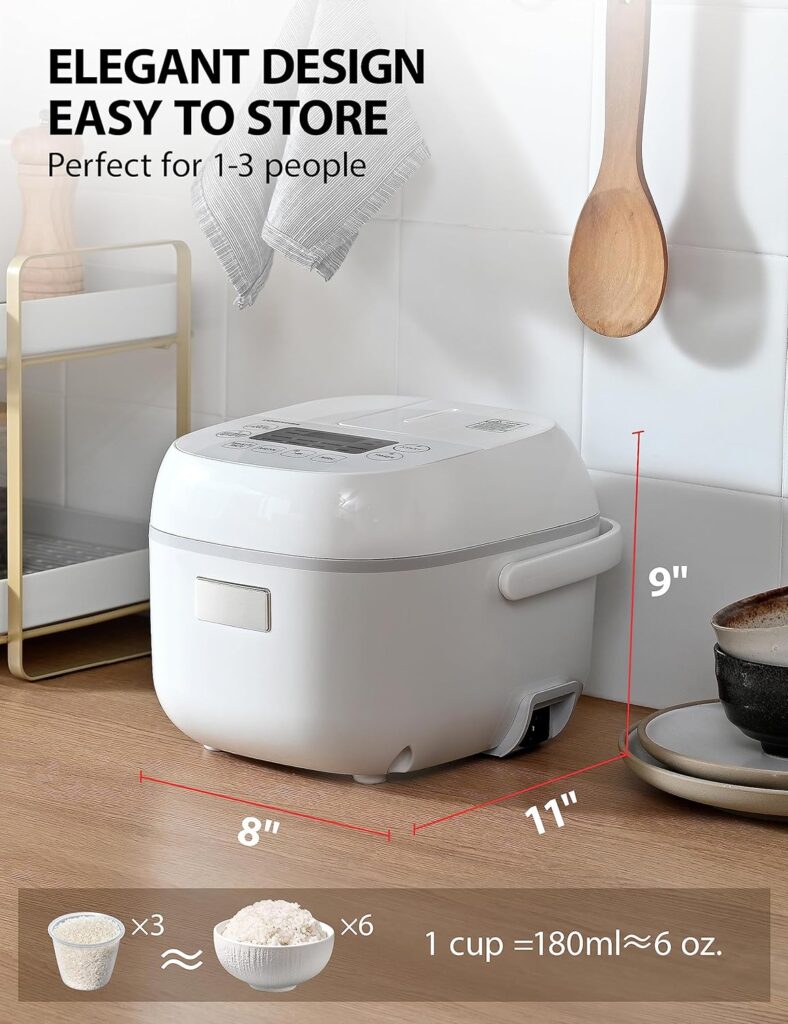 Toshiba Rice Cooker Small 3 Cup Uncooked – LCD Display with 8 Cooking Functions, Fuzzy Logic Technology, 24-Hr Delay Timer and Auto Keep Warm, Non-Stick Inner Pot, White