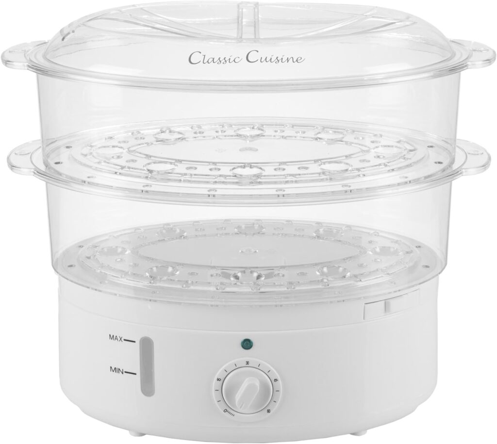 Vegetable Steamer Rice Cooker- 6.3 Quart Electric Steam Appliance with Timer for Healthy Fish, Eggs, Vegetables, Rice, Baby Food by Classic Cuisine, 11D x 11W x 12.25H