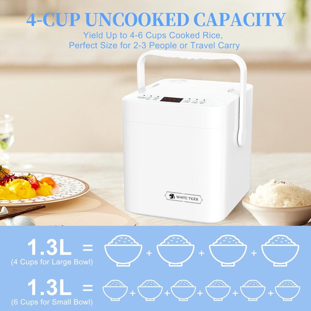 WHITE TIGER 1.3L Mini Rice Cooker, 4 Cups Rice Cooker Uncooked, Smart Rice Cooker with 24-hour Timer Preset, Portable Travel Small Rice Cooker with Removable Non-stick Pot, Small Steamer Suitable For 1-3 People For Cooking Rice, Soup, Congee  Yogurt