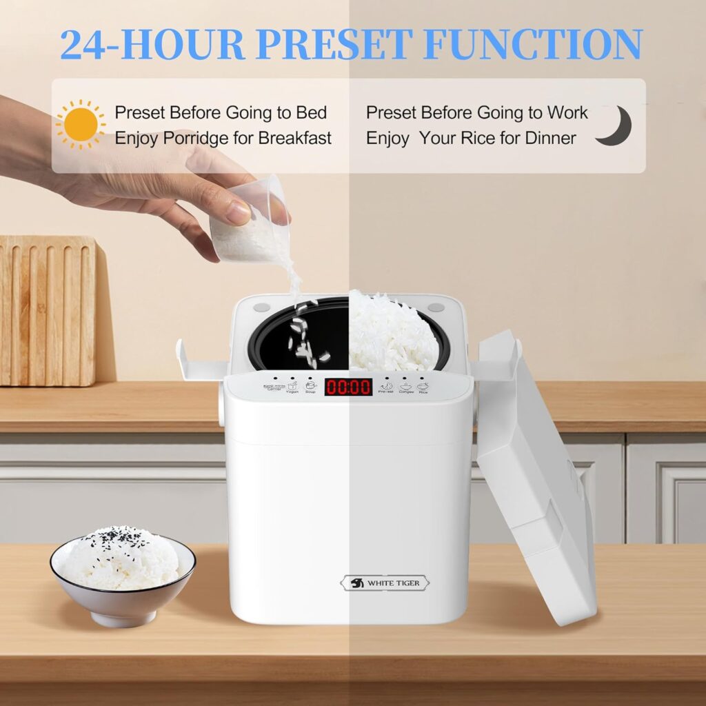 WHITE TIGER 1.3L Mini Rice Cooker, 4 Cups Rice Cooker Uncooked, Smart Rice Cooker with 24-hour Timer Preset, Portable Travel Small Rice Cooker with Removable Non-stick Pot, Small Steamer Suitable For 1-3 People For Cooking Rice, Soup, Congee  Yogurt