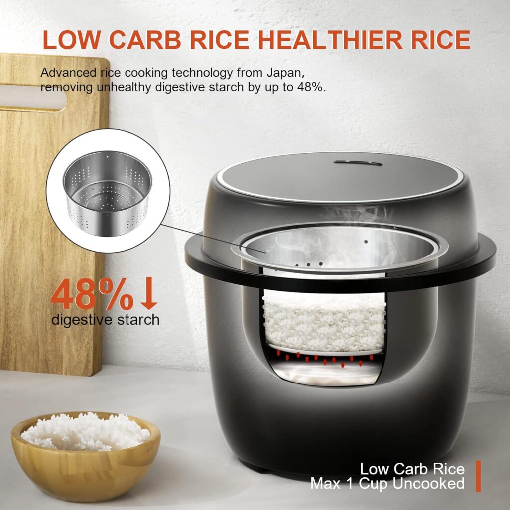 YOKEKON Rice Cooker Small, Low Carb 3 Cups Rice Cooker with Stainless Steel Steamer, 8-in-1 Japanese Rice Maker, Warmer, Low Sugar Function, 24H Delay Timer  Auto Keep Warm, Sushi/Oatmeal/Cake, Black