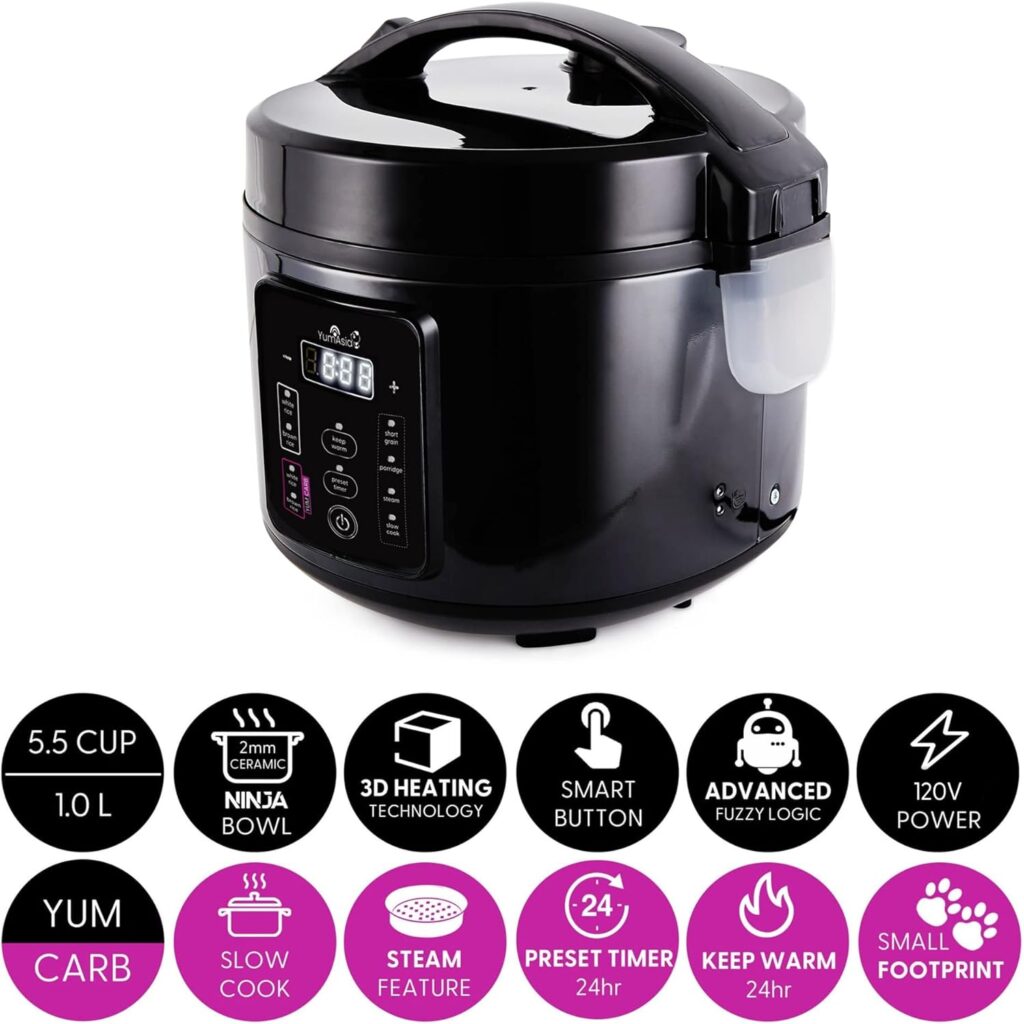 Yum Asia Kumo YumCarb Rice Cooker with Ceramic Bowl and Advanced Fuzzy Logic, (5.5 Cups, 1 Litre), 5 Rice Cooking Functions, 3 Multicooker Functions, 110V US Power (Dark Stainless Steel)